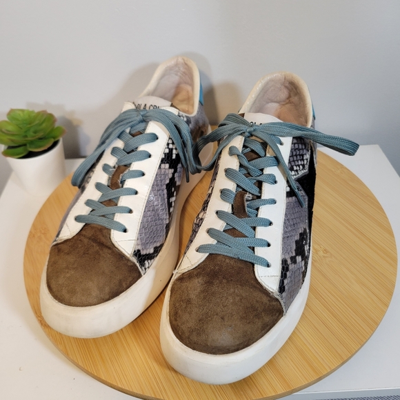 LOLA CRUZ leather brown suede snake print lace up casual fashion sneakers - Picture 2 of 13